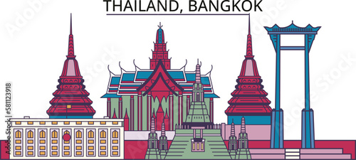 Thailand, Bangkok tourism landmarks, vector city travel illustration