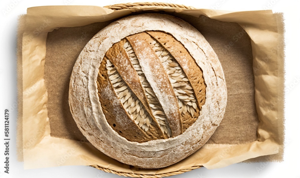 a loaf of bread in a brown paper bag on a white background with a brown ...