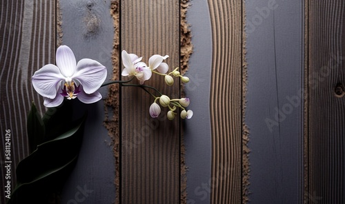  a purple flower on a wooden surface with a wooden fence in the back ground and a green leaf on the side of the wall behind it. generative ai
