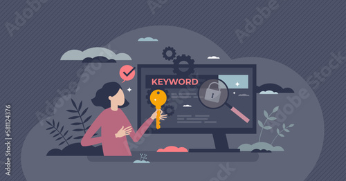 Keyword research for SEO and website content ranking tiny person concept. Search engine optimization improvement work with online meta data results and information description vector illustration.