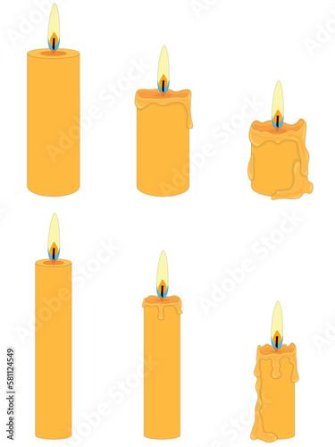 Collection of thin and thick wax candles at different stages of combustion vector illustration