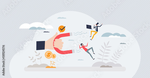 Talent retention or employee management with benefits tiny person concept. Human resources magnet as financial salary growth for motivation vector illustration. HR employment pick and selection.