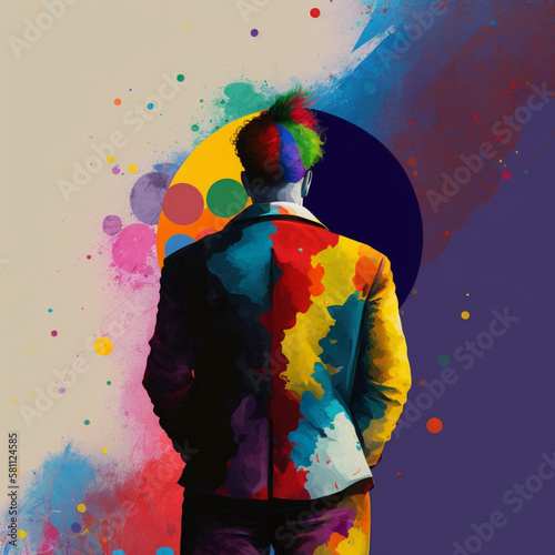 Back view of a clown on a colorful background. Generative AI.