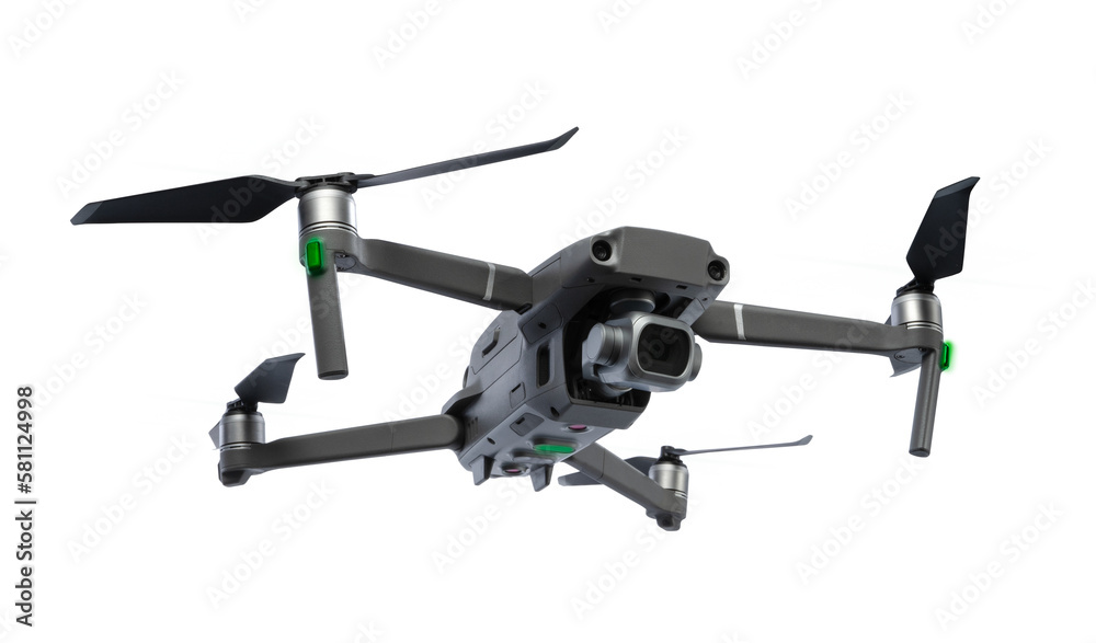 Bottom and front view in a half-turn to the right of flying drone with rotating blades isolated on transparency background Bottom and front view in a half-turn to the right of flying drone with rotating blades isolated on transparency background