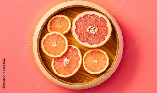  a bowl of grapefruit cut in half on a pink background with a pink background and a pink background with a pink background and white border. generative ai