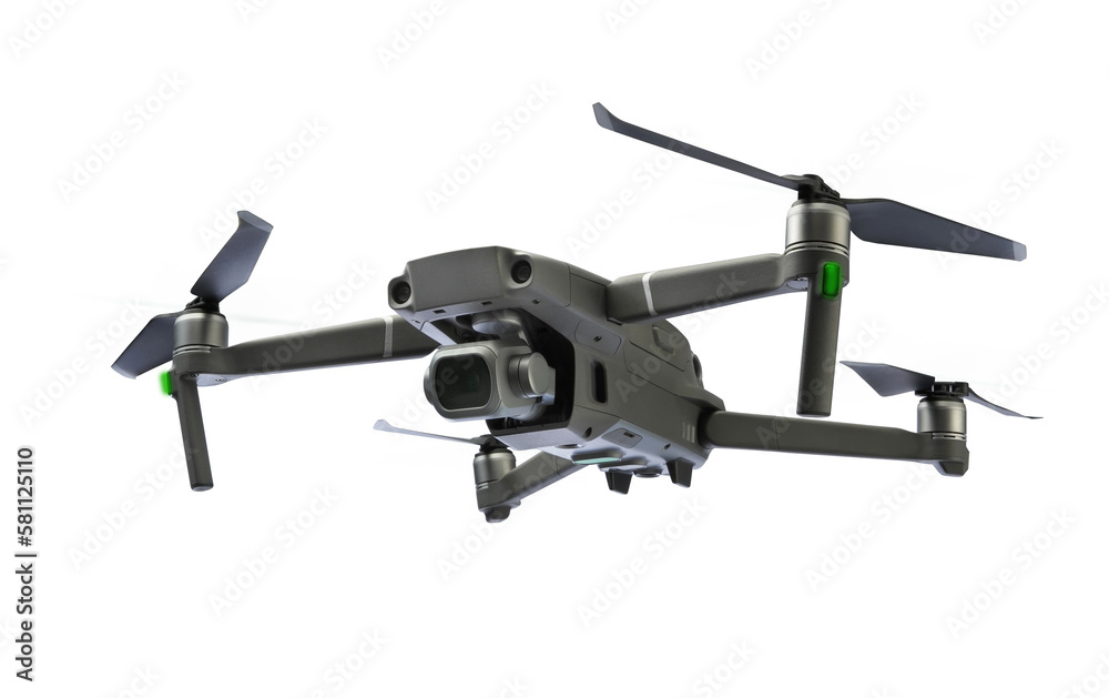 Front half-turn view of flying drone with rotating blades isolated on transparency background Front half-turn view of flying drone with rotating blades isolated on transparency background