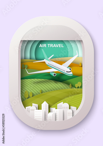 Air travel vector with view on plane from porthole