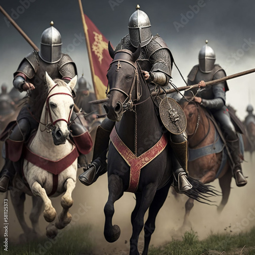 Medieval knights in a battle. Medieval soldiers. Generative AI.