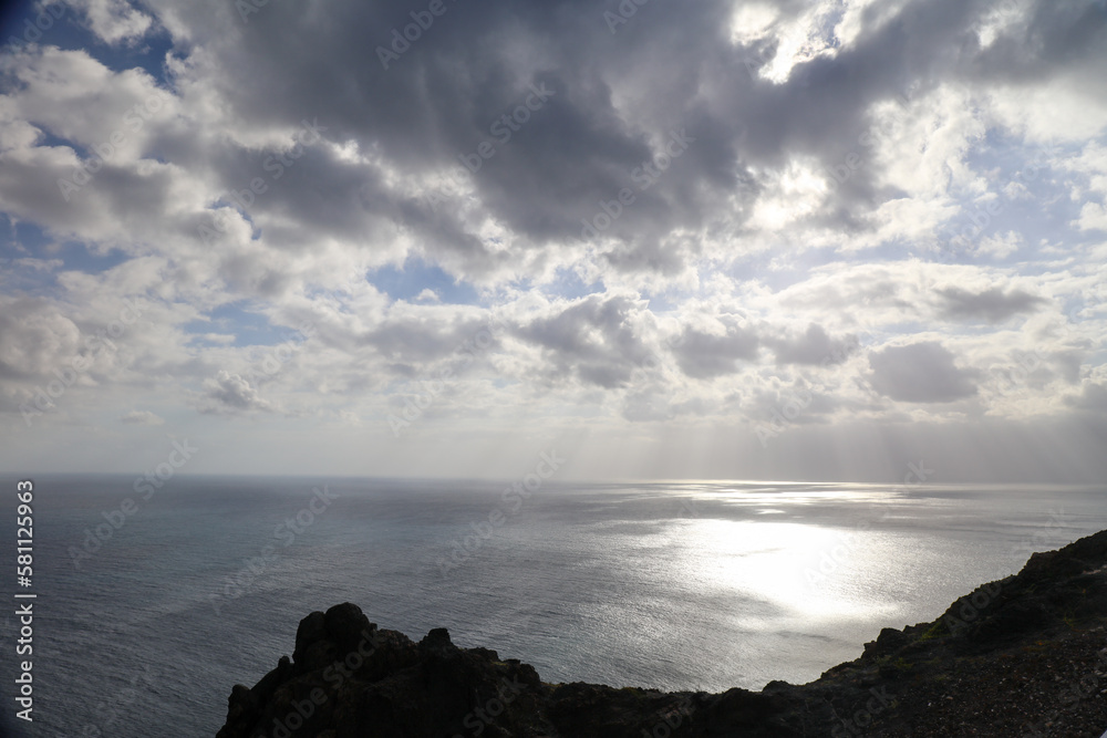 Panoramic view of the Cuchillos de Vigán and the desert land over the Atlantic ocean in Fuerteventura