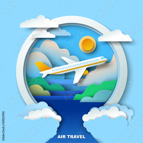 Air travel vector with view on plane flying over natural landscape
