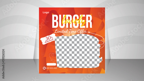 Fast food restaurant business marketing social media post or web banner template design with abstract background,food ordering, junk food. Pizza, Burger,French fries and Soda.