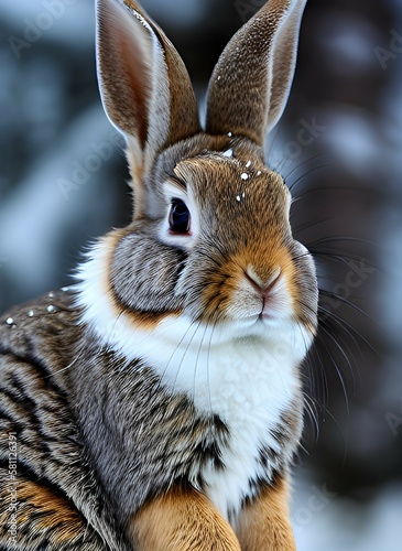 close up rabbit in the snow forest