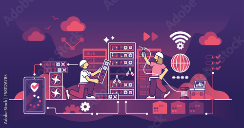 Colocation center or carrier hotel as data servers hosting outline concept. Database systems with hardware rooms for file upload vector illustration. Storage or bandwidth system rent for third party.