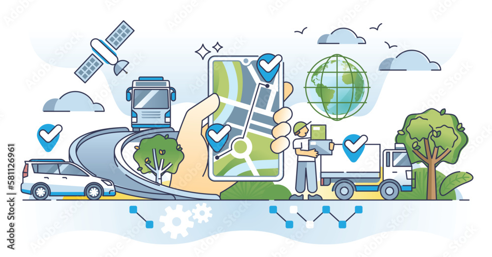 GPS tracking devices for satellite signal location detection outline concept. Global positioning system for shipment tracking and courier route for delivery vector illustration. Point on route map. - obrazy, fototapety, plakaty 
