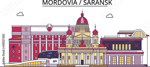Russia, Saransk tourism landmarks, vector city travel illustration