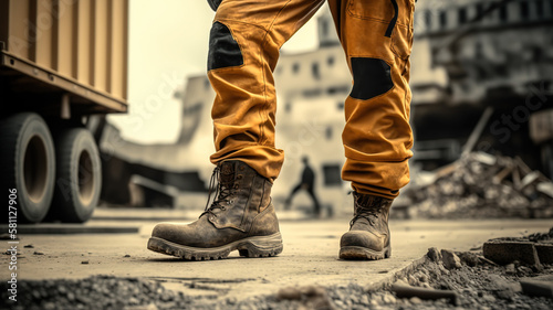 A construction labor worker in fully coverall uniform and safety shoe is standing on background of construction site. Ready to working in industrial unsafe workplace scene. Generative Ai image.