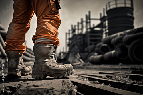 A construction labor worker in fully coverall uniform and safety shoe is standing on background of construction site. Ready to working in industrial unsafe workplace scene. Generative Ai image.