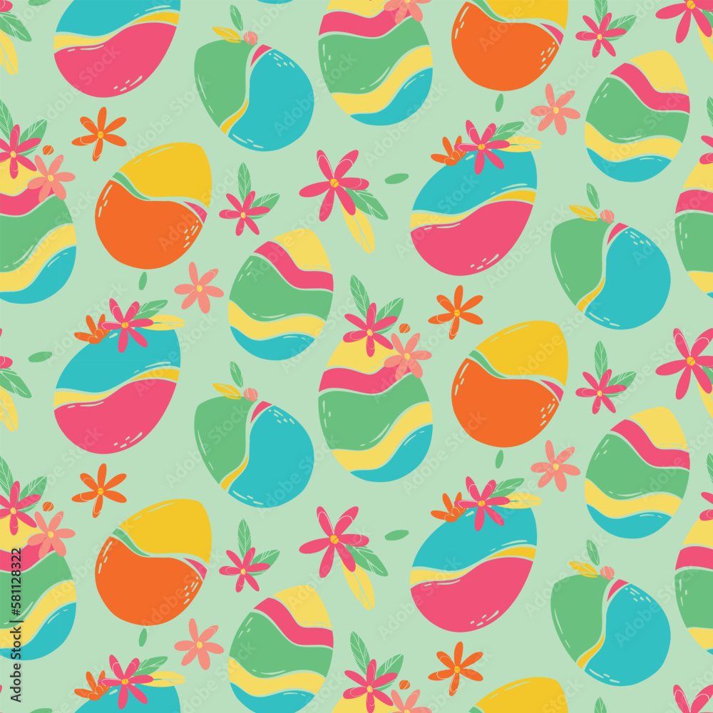 Seamless pattern with decorated Easter eggs and flowers. Bright colored eggs with flowers and leaves. Flat vector illustration for concept design. Greeting card layout.
