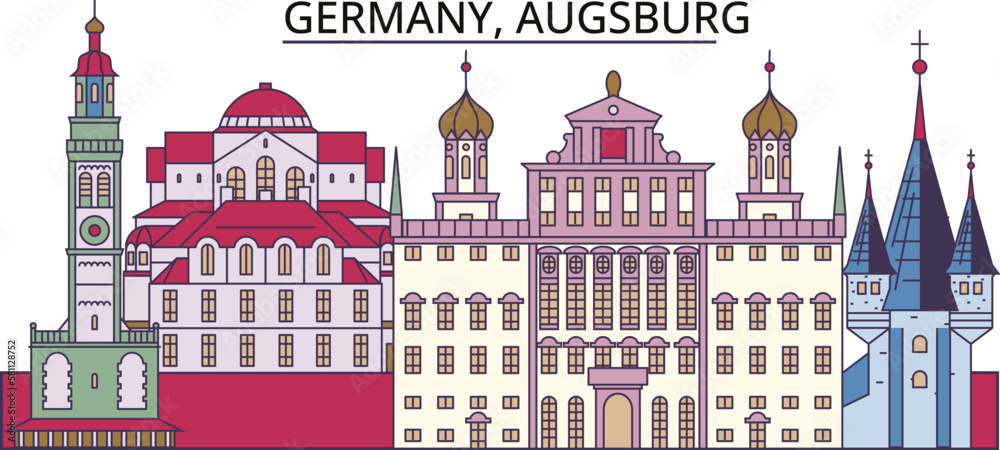 Germany, Augsburg tourism landmarks, vector city travel illustration