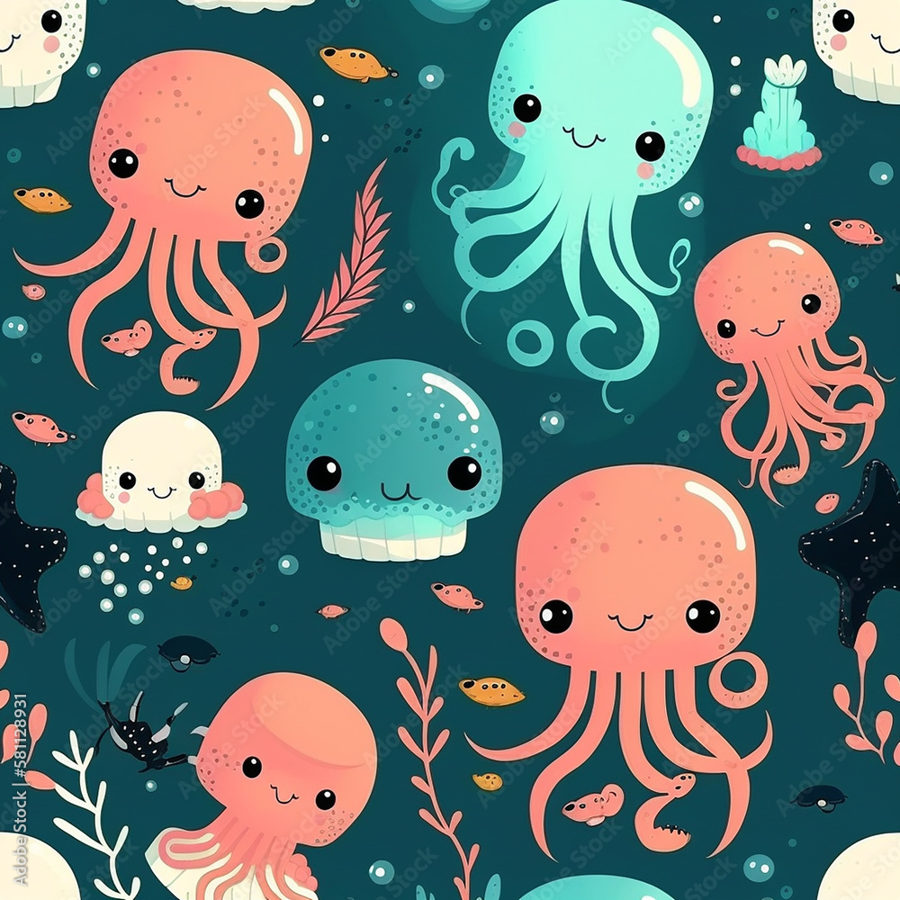 Pattern with Cute jellyfish smiling, cartoon kawaii style illustration. Generative AI. Perfect content for wallpaper, postcards, posters, fabric, napkins and other creative projects. Pattern with Cute jellyfish smiling, cartoon kawaii style illustration. Generative AI. Perfect content for wallpaper, postcards, posters, fabric, napkins and other creative projects.