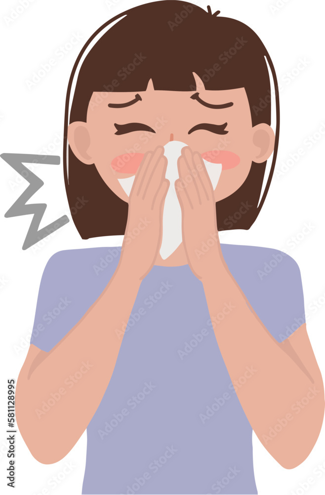 Portrait vector illustration of a woman covering her nose with tissue sneezing Portrait vector illustration of a woman covering her nose with tissue sneezing