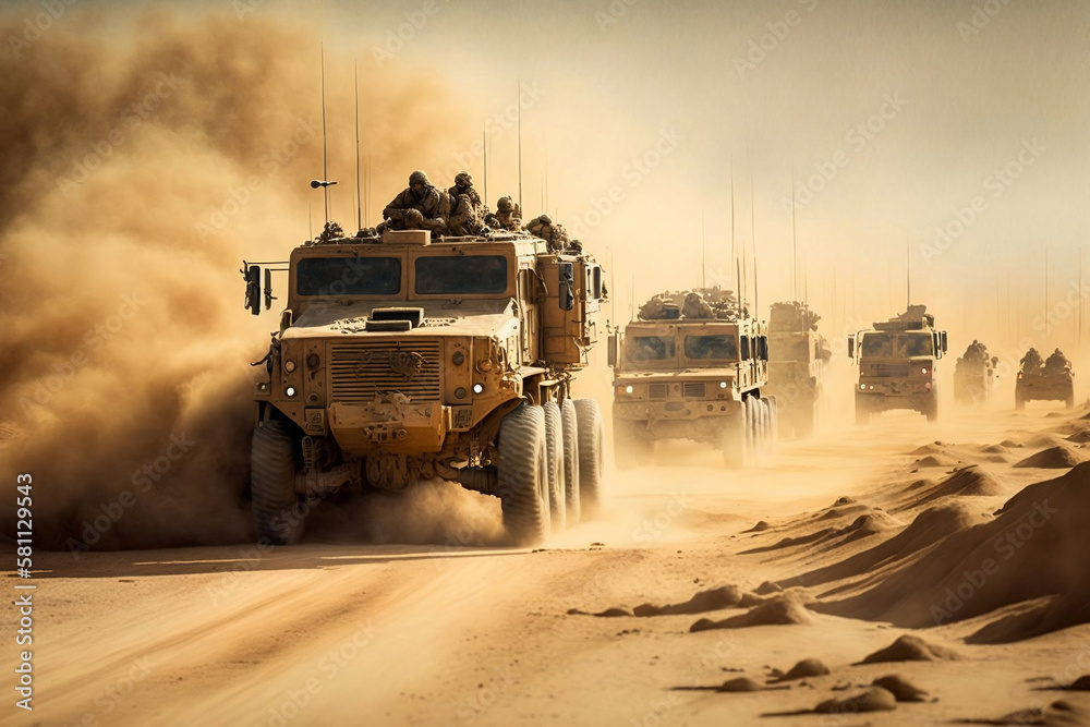 © jambulart - Military patrol car on sunset background. Army war concept. Silhouette of armored vehicle with soldiers ready to attack, generative ai