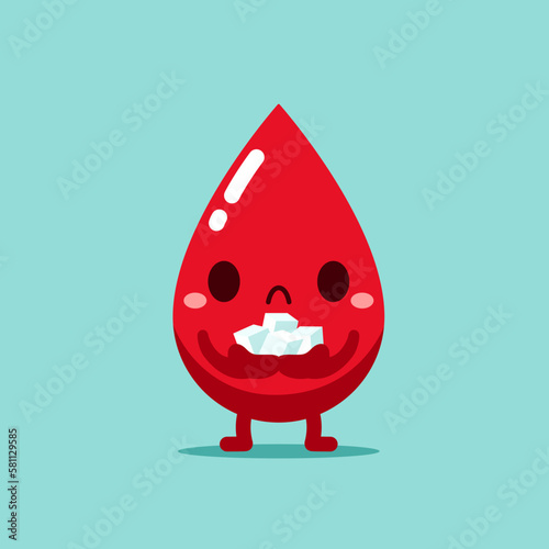 Sad Red blood drop character with sugar on hand. Diabetes glycemic testing blood glucose concept. Vector illustration flat cartoon design. photo