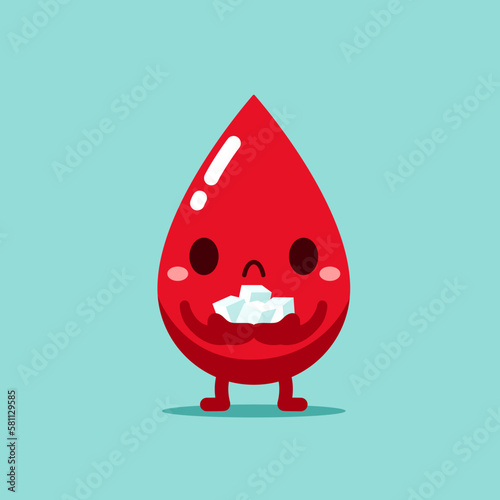 Sad Red blood drop character with sugar on hand. Diabetes glycemic testing blood glucose concept. Vector illustration flat cartoon design.