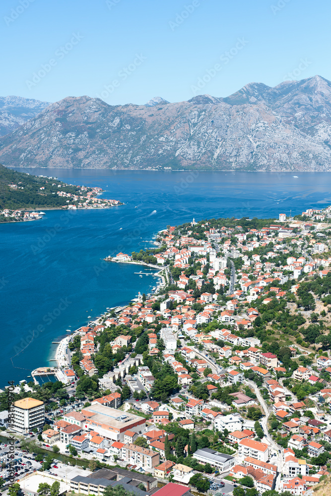 Beautiful landscape overlooking the Bay of Kotor and the old town of Kotor. Selective focus.