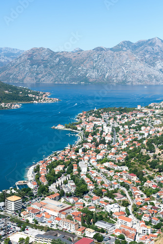 Beautiful landscape overlooking the Bay of Kotor and the old town of Kotor. Selective focus.