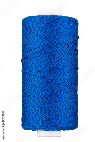 Spool with dark blue thread for sewing, supply for sewing, isolated object, close-up macro with fine details, png on transparent background photo