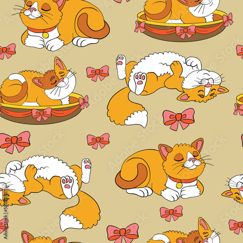 Seamless pattern with sleepy ginger cats vector illustration © alinart