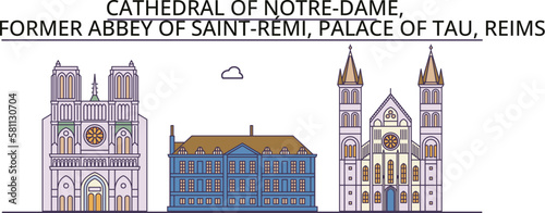 France, Reims tourism landmarks, vector city travel illustration