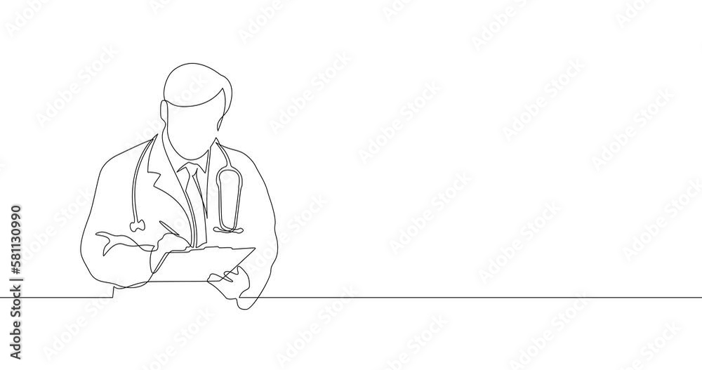 Animation of an image drawn with a continuous line. The doctor is writing on a tablet. The scene in the hospital. Animation of an image drawn with a continuous line. The doctor is writing on a tablet. The scene in the hospital.