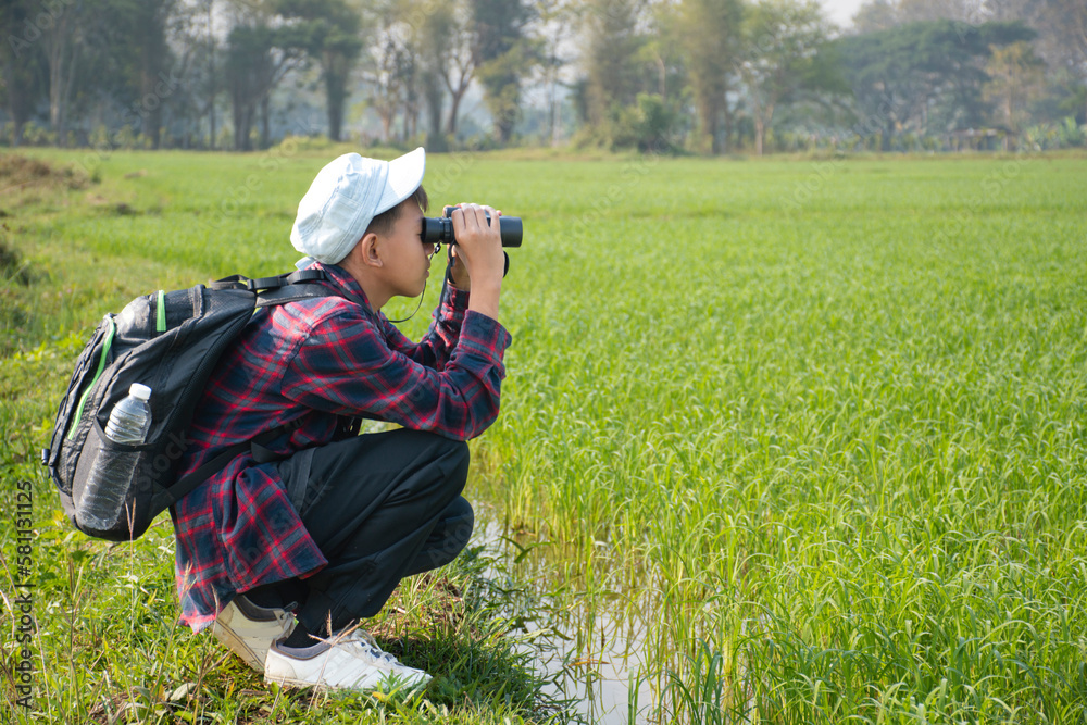 Fototapeta premium Asian boy wearing plaid shirt and a cap holding a binoculars and looking at the flock of birds feeding on the paddy field and flying in the sky in the paddy field.