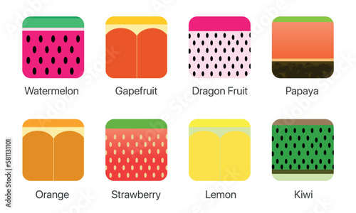 Set of cube fruits, watermelon, grapefruit, dragon fruit, papaya, orange, strawberry, lemon, kiwi