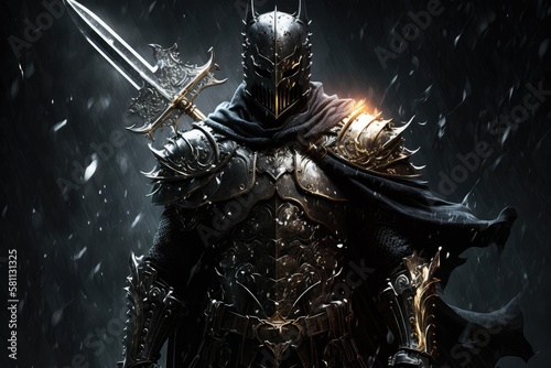 guardian warrior in form of dark knight with armor and large sword, created with generative ai