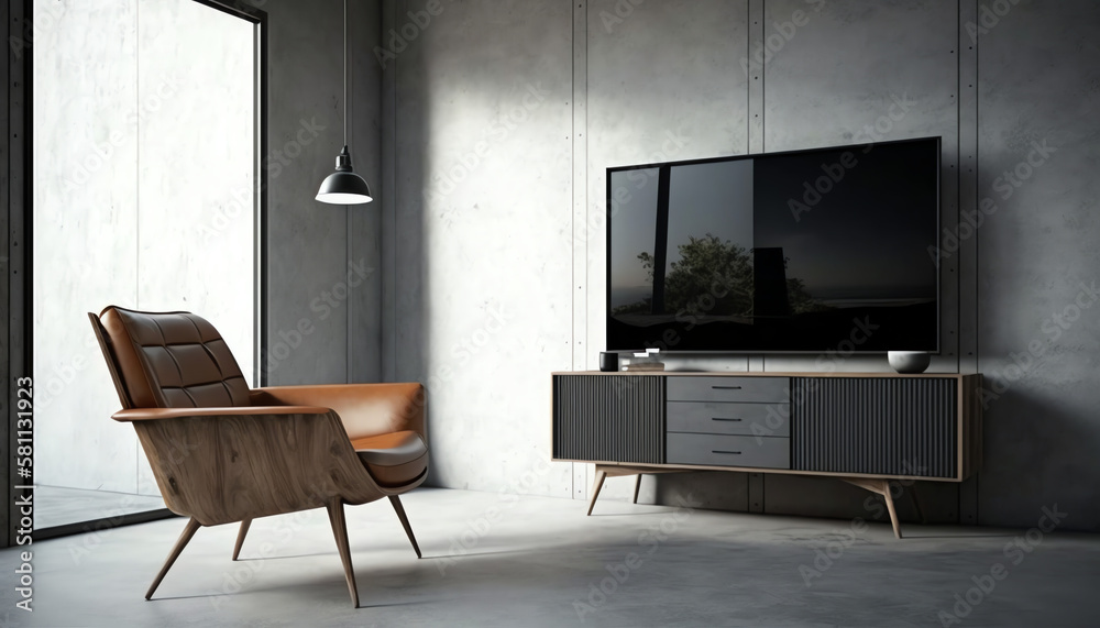 Wall mounted tv and wooden cabinet with gray armchair in modern living ...