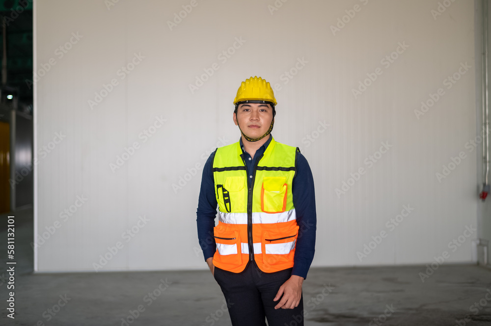 Asian people are engineer standing, Building sector and industrial workers concept. Confident young asian engineer, construction manager in reflective clothes and helmet, Asian people are engineer standing, Building sector and industrial workers concept. Confident young asian engineer, construction manager in reflective clothes and helmet,