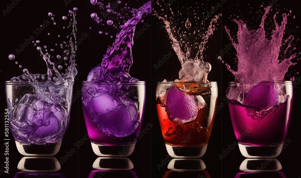 three different colored drinks are being poured into glasses with ice cubes and water splashing out of the top of the glasses to the bottom of the glasses. generative ai three different colored drinks are being poured into glasses with ice cubes and water splashing out of the top of the glasses to the bottom of the glasses. generative ai