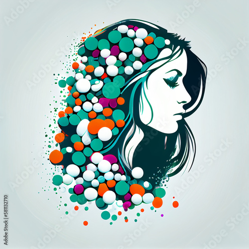 Antistress painkiller Pills for beautiful calm women, girl on white background clipart 2D art with orange, green purple colors. White face, red hairs. Red white blue Antistress Pills. Generative AI photo