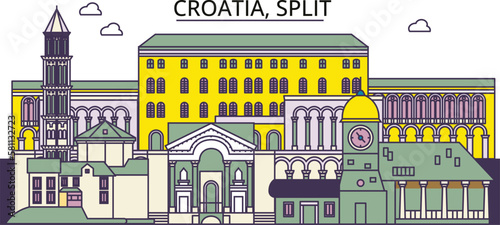 Croatia, Split tourism landmarks, vector city travel illustration