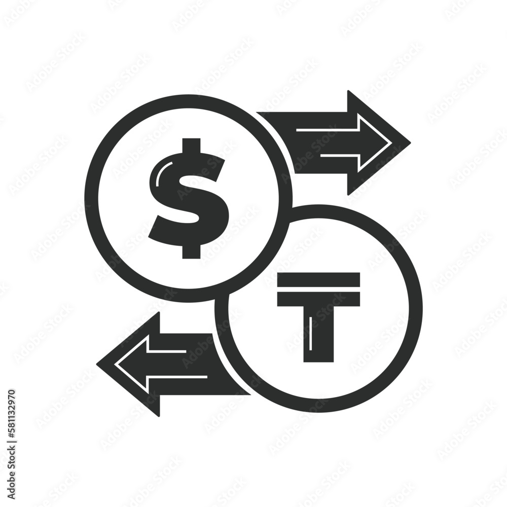 Vector illustration. Currency exchange. Money conversion. Dollar to Kazakhstani tenge icon isolated on white background. USD to KZT exchange icon with arrow. USD KZT Vector illustration. Currency exchange. Money conversion. Dollar to Kazakhstani tenge icon isolated on white background. USD to KZT exchange icon with arrow. USD KZT