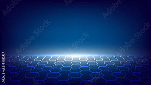 Network connection concept blue vector illustration. Futuristic hexagon perspective wide angle landscape. Futuristic honeycomb concept. Big data digital background.