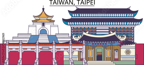 Taiwan, Taipei tourism landmarks, vector city travel illustration