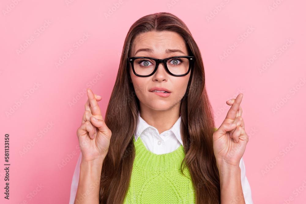 Close up photo of stressed depressed lady wear trendy clothes crossed fingers worried exam test results isolated on pink color background - obrazy, fototapety, plakaty 