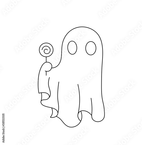 Vector isolated one single ghost under sheet cloths with lollipop candy on a stick in hand colorless black and white contour line easy drawing