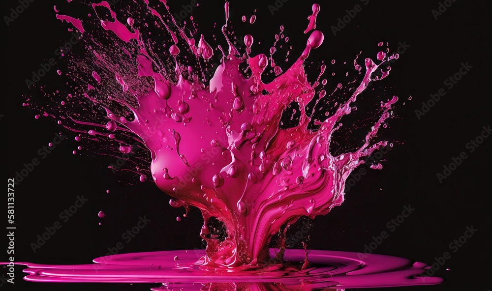 a pink liquid splashing into a black background with a black background ...