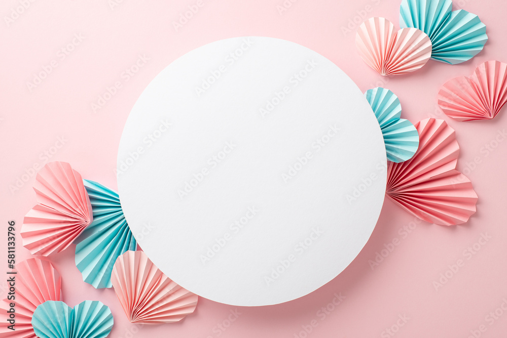 Mother's Day celebration concept. Top view photo of white empty circle pink and blue origami paper hearts on isolated pastel pink background with copyspace Mother's Day celebration concept. Top view photo of white empty circle pink and blue origami paper hearts on isolated pastel pink background with copyspace