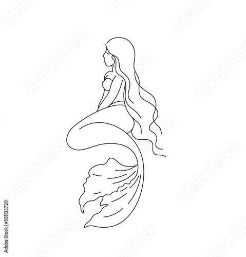 Vector isolated one single sitting beautiful mermaid girl woman with fish tail colorless black and white contour line easy drawing